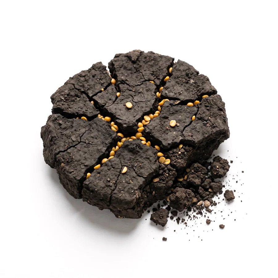 A cracked slab of dry black cotton soil with tur dal splits in the cracks