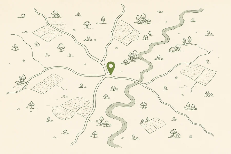 Illustrated map of the farmland around Kalaburagi, with our location marked