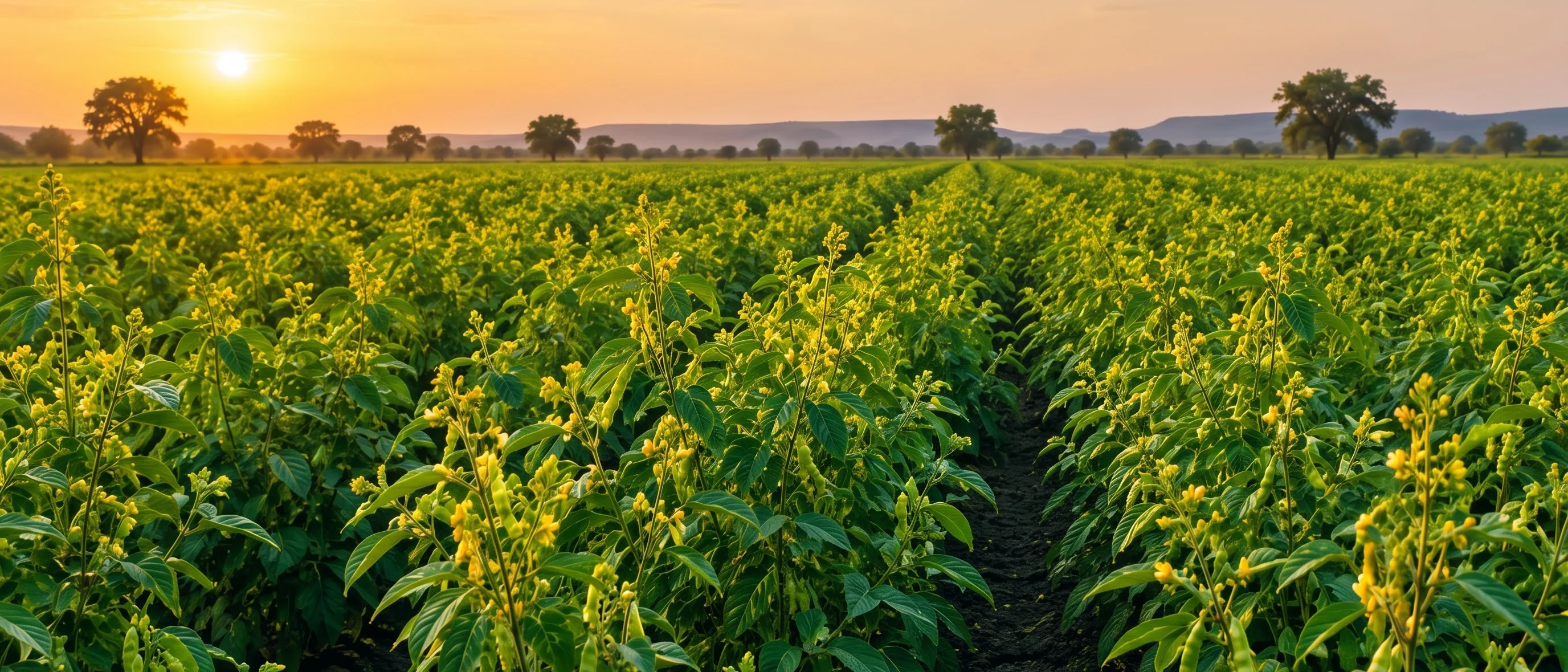 Rows of tur dal growing in black cotton soil near Kalaburagi at sunset